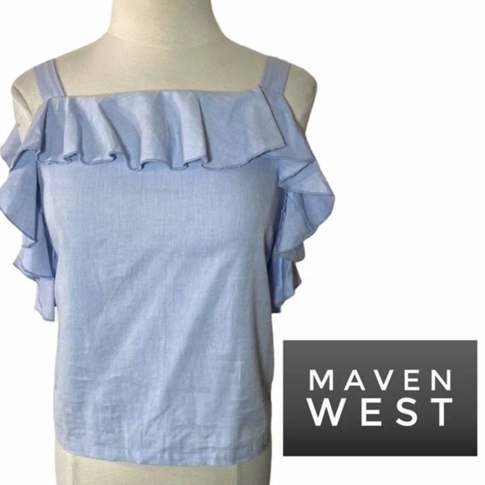 Maven West blue chambray ruffle top size small - Picture 8 of 9